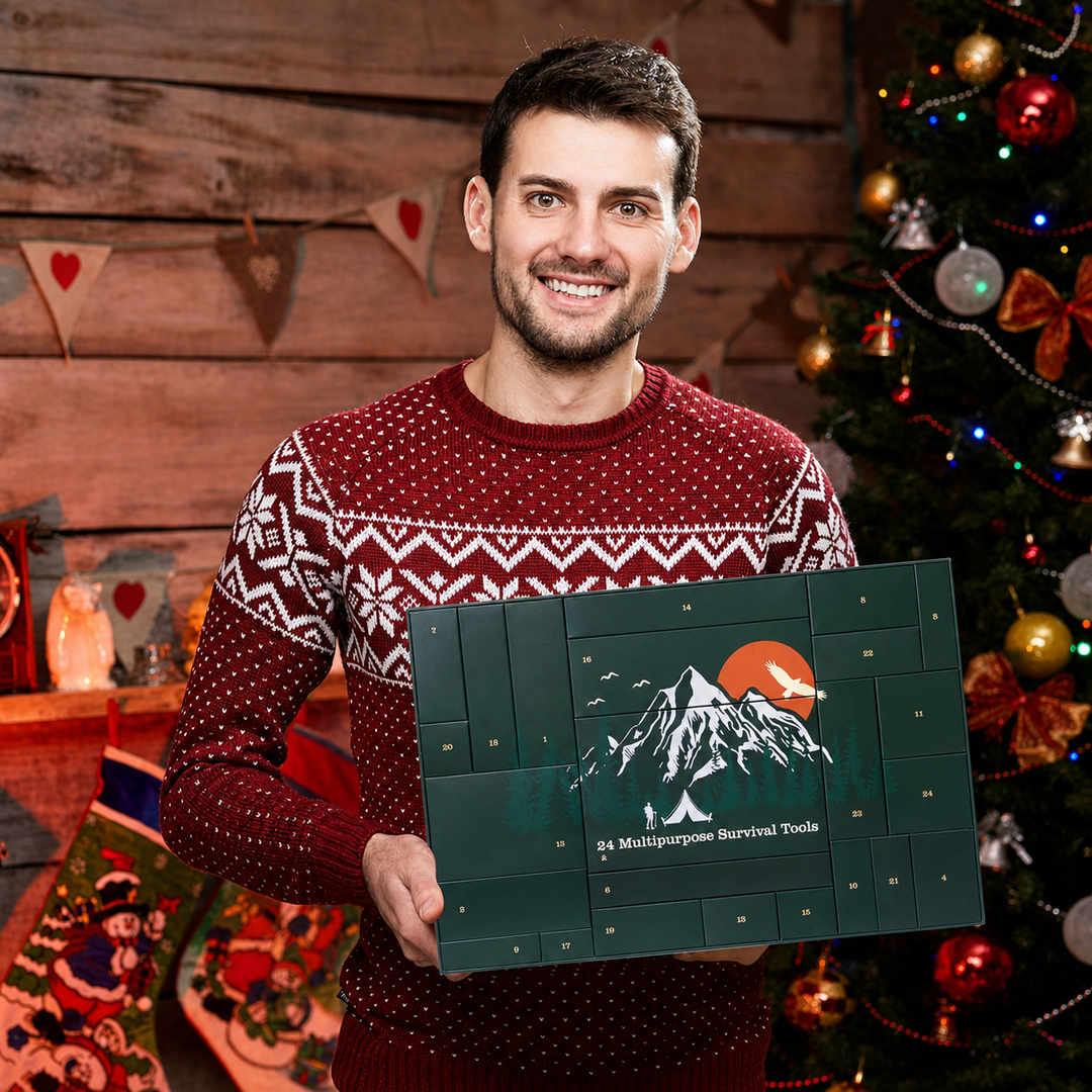 Lachende man in rode kersttrui houdt de groene adventskalender vast voor een kerstboom 9
