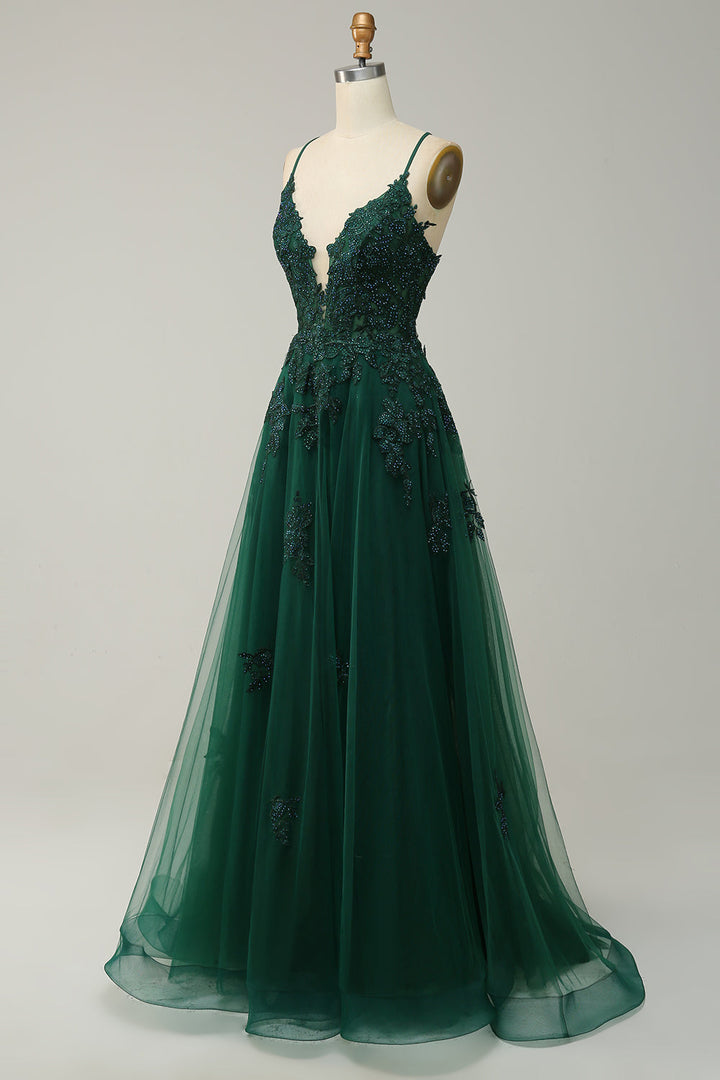 Stilvolles A-Linien Gala-Kleid mit Spaghettiträgern und Schnürung - Julia