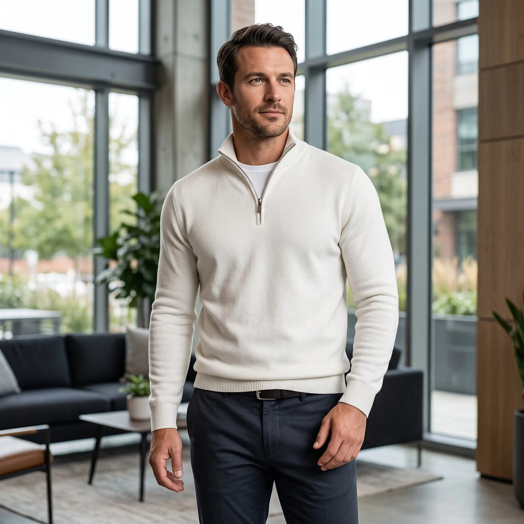 Gebreide Heren Trui Met Halve Rits En Opstaande Kraag Voor Een Nette Look