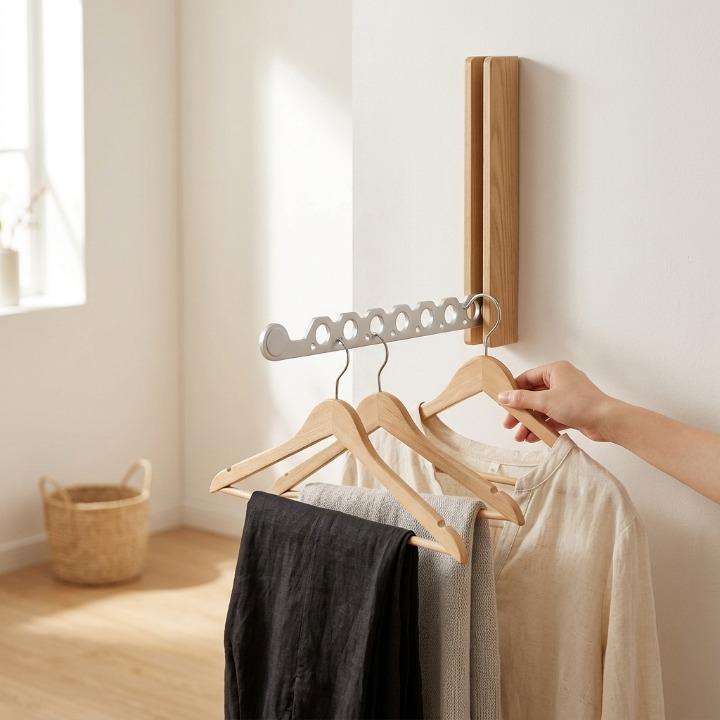 Lichthouten wandkapstok met zilverkleurige arm waaraan drie houten hangers met kleding hangen, terwijl een hand een hanger vastpakt. 3
