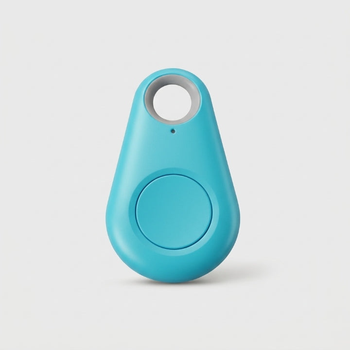 Turquoise druppelvormige tracker met ronde knop en grijs sleutelring-gat op een lichte achtergrond 8