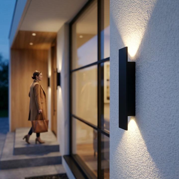 Zwarte wandlamp in close-up op een gevel, met op de achtergrond een vrouw die naar binnen loopt 4