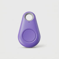 Paarse druppelvormige tracker met ronde knop en grijs sleutelring-gat op een lichte achtergrond 9