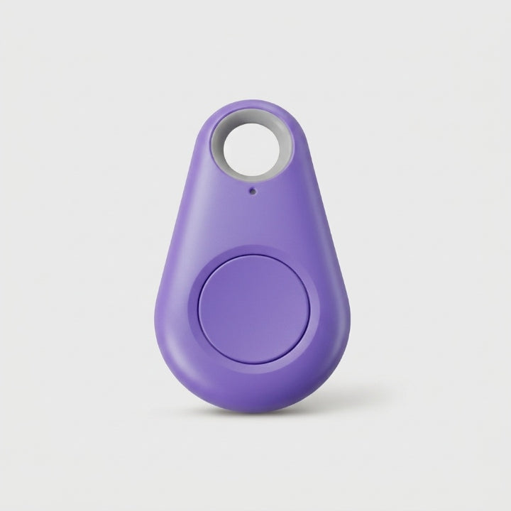 Paarse druppelvormige tracker met ronde knop en grijs sleutelring-gat op een lichte achtergrond 9