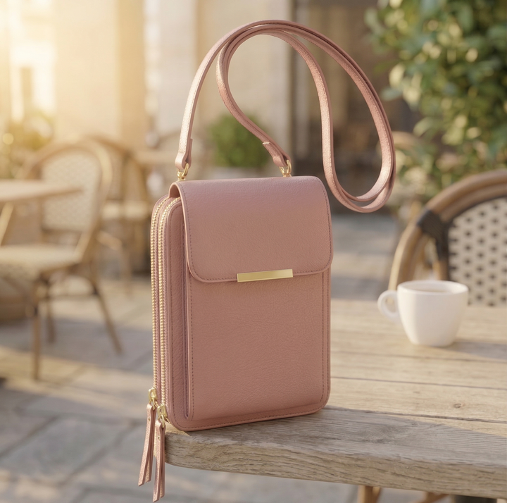 Oudroze uitvoering van de tas op een houten tafel op een zonnig terras, met gouden ritsen, dubbele rits en schouderband. 2