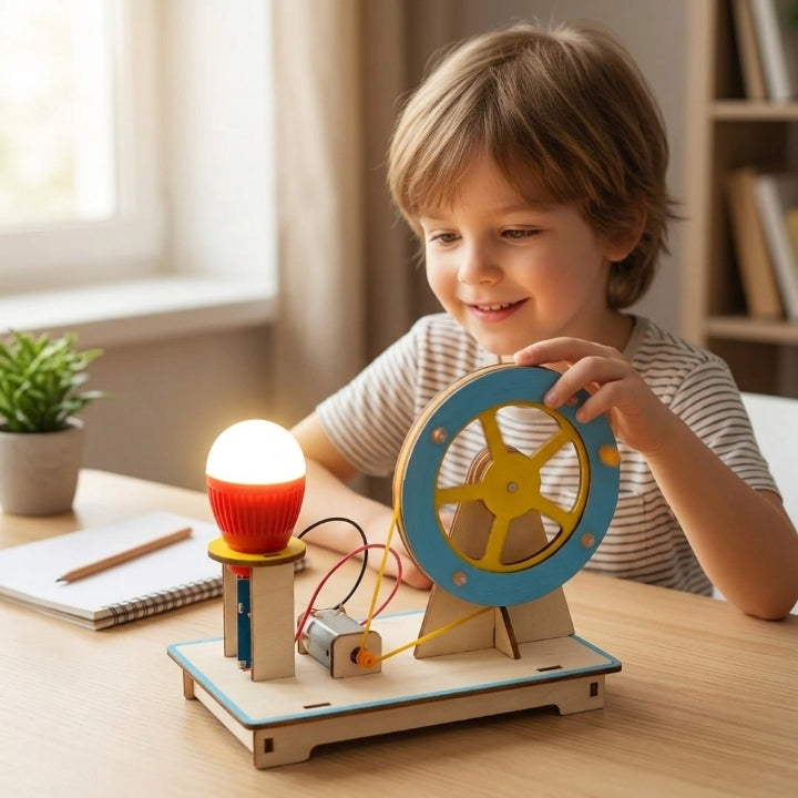Lachend kind aan tafel naast een houten model met reuzenrad en elektromotor dat een rood-wit lampje laat branden. 1