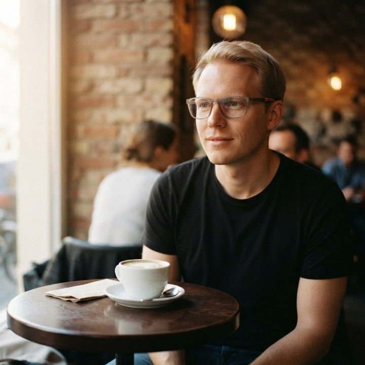 Man met de bril met doorzichtig grijs montuur zit aan een rond tafeltje in een café bij een kop koffie. 4