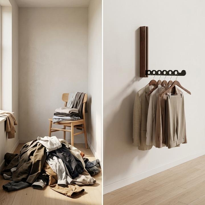 Voor-en-nadeelbeeld: links een berg rondslingerende kleding op de vloer, rechts nette kleding aan een donkerhouten opklapbare wandkapstok. 5