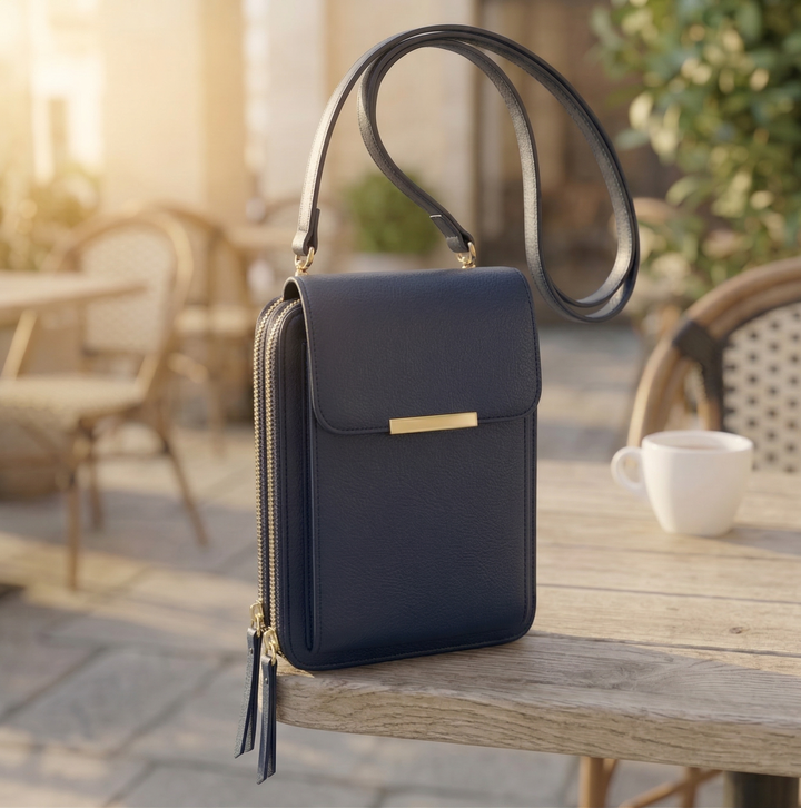 Donkerblauwe uitvoering van de tas op een houten caféterras, met gouden sluitingsbalk, dubbele rits en een dunne schouderband. 3