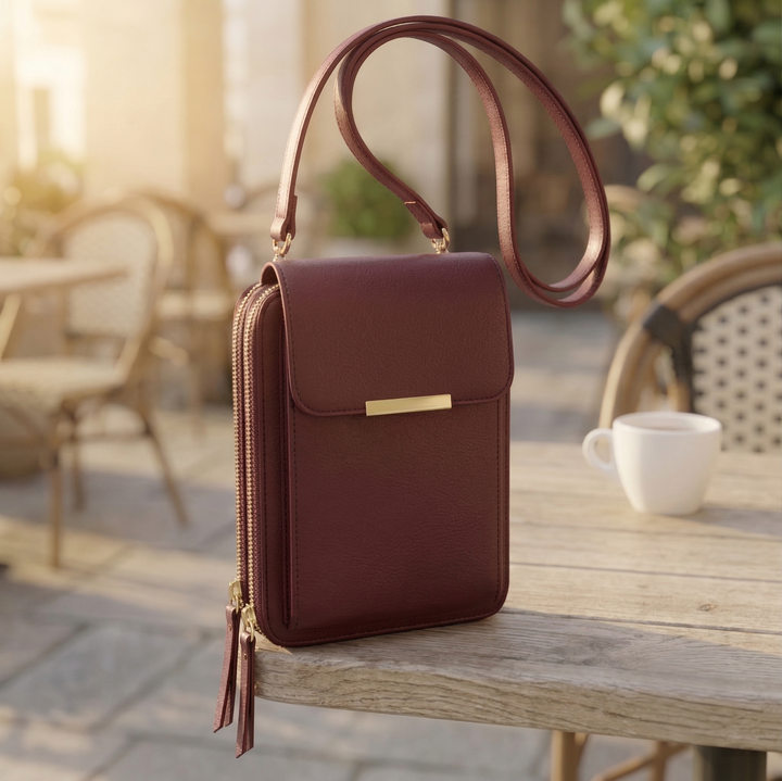 Bordeauxrode uitvoering van de tas op een houten tafel op een terras, met gouden rits, sluitingsbalk en schouderband. 6