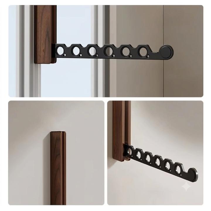 Collage van drie detailfoto's: de uitgeklapte zwarte arm met gaten, de ingeklapte houten houder en de arm in schuine stand. 8