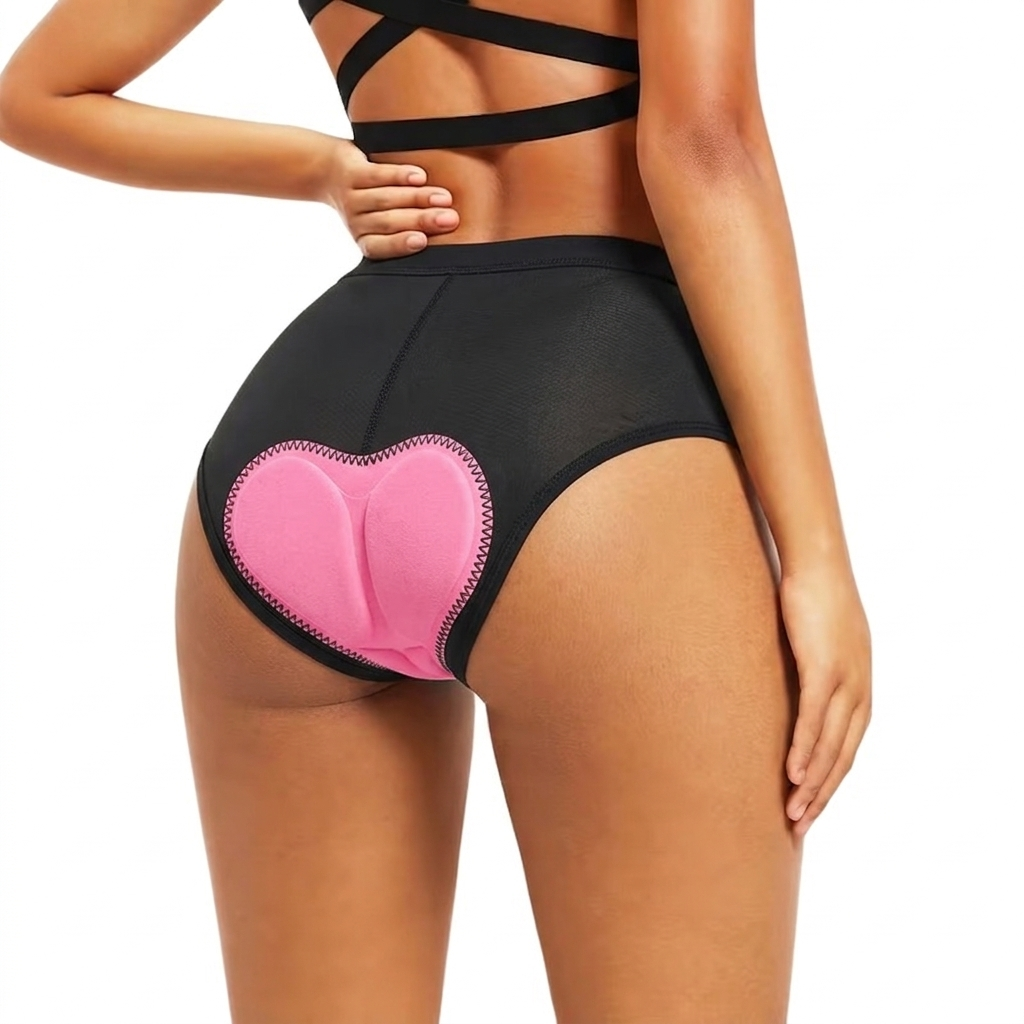 Achterkant van de zwarte onderbroek op een model, met een roze hartvormig gelkussen en mesh paneel 1