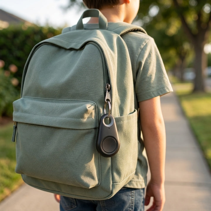 Jongen op het trottoir draagt een groene rugzak met de zwarte tracker aan de ritsband 2