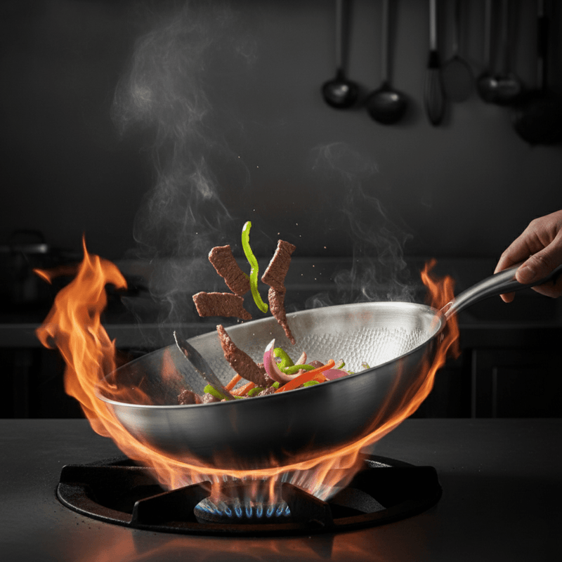 Wok boven een gasvlam waarin reepjes vlees en paprika door de lucht vliegen terwijl een hand de steel vasthoudt. 5