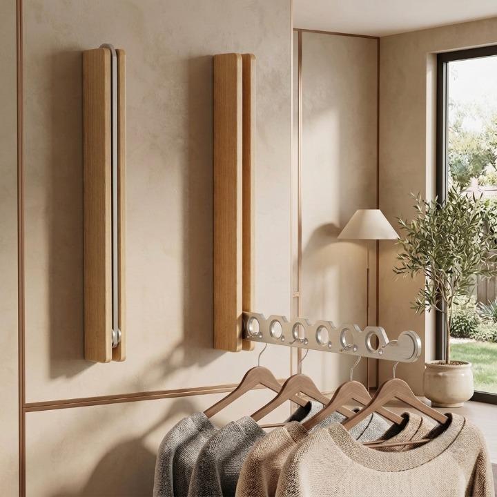 Twee lichthouten klapkapstokken aan de muur in een lichte kamer, een gesloten en een uitgeklapt met zilverkleurige arm en truien op hangers. 4