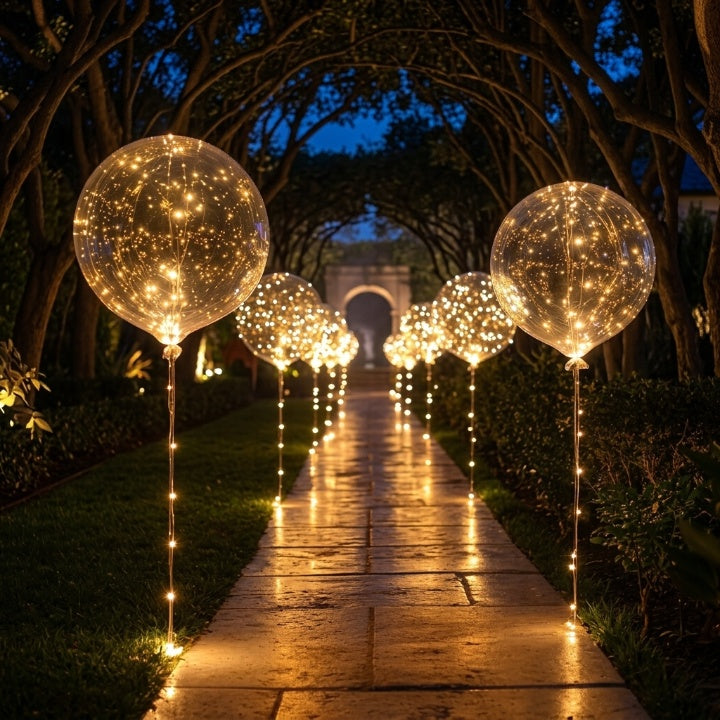 Lichtgevende transparante ballonnen langs een verlicht tuinpad in de avond, met een poort op de achtergrond 1