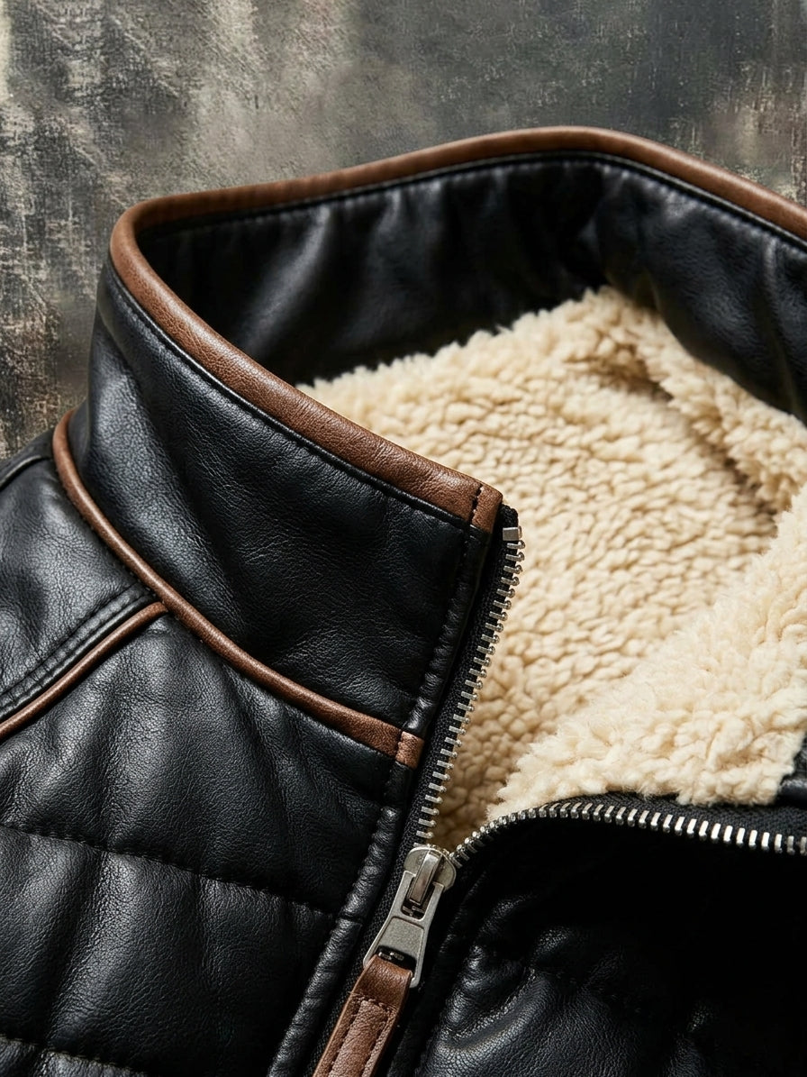 Close-up van de hoge kraag met bruine bies, ritssluiting en zachte fleecevoering 3