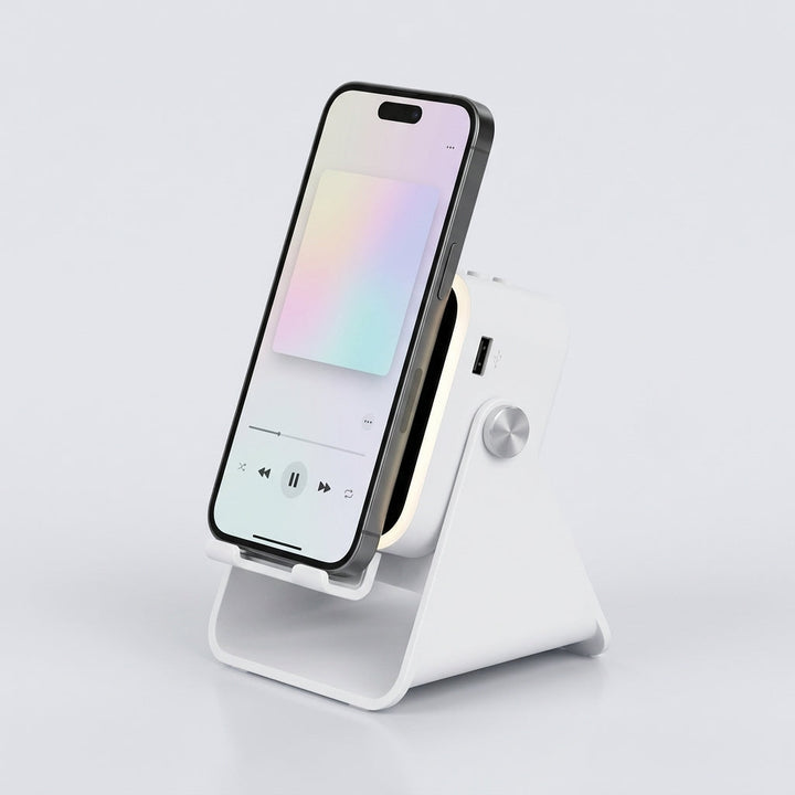 Witte uitvoering van de houder met muziekspelende telefoon, USB-poort en zilverkleurige draaiknop zichtbaar 8