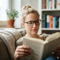 Vrouw met opgestoken haar leest een boek op de bank met de bril op, bij een boekenkast. 3