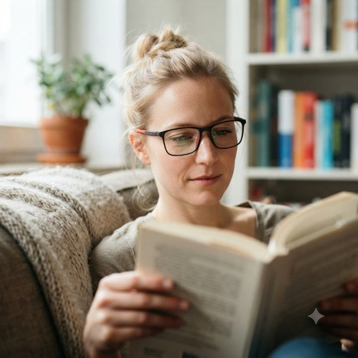 Vrouw met opgestoken haar leest een boek op de bank met de bril op, bij een boekenkast. 3