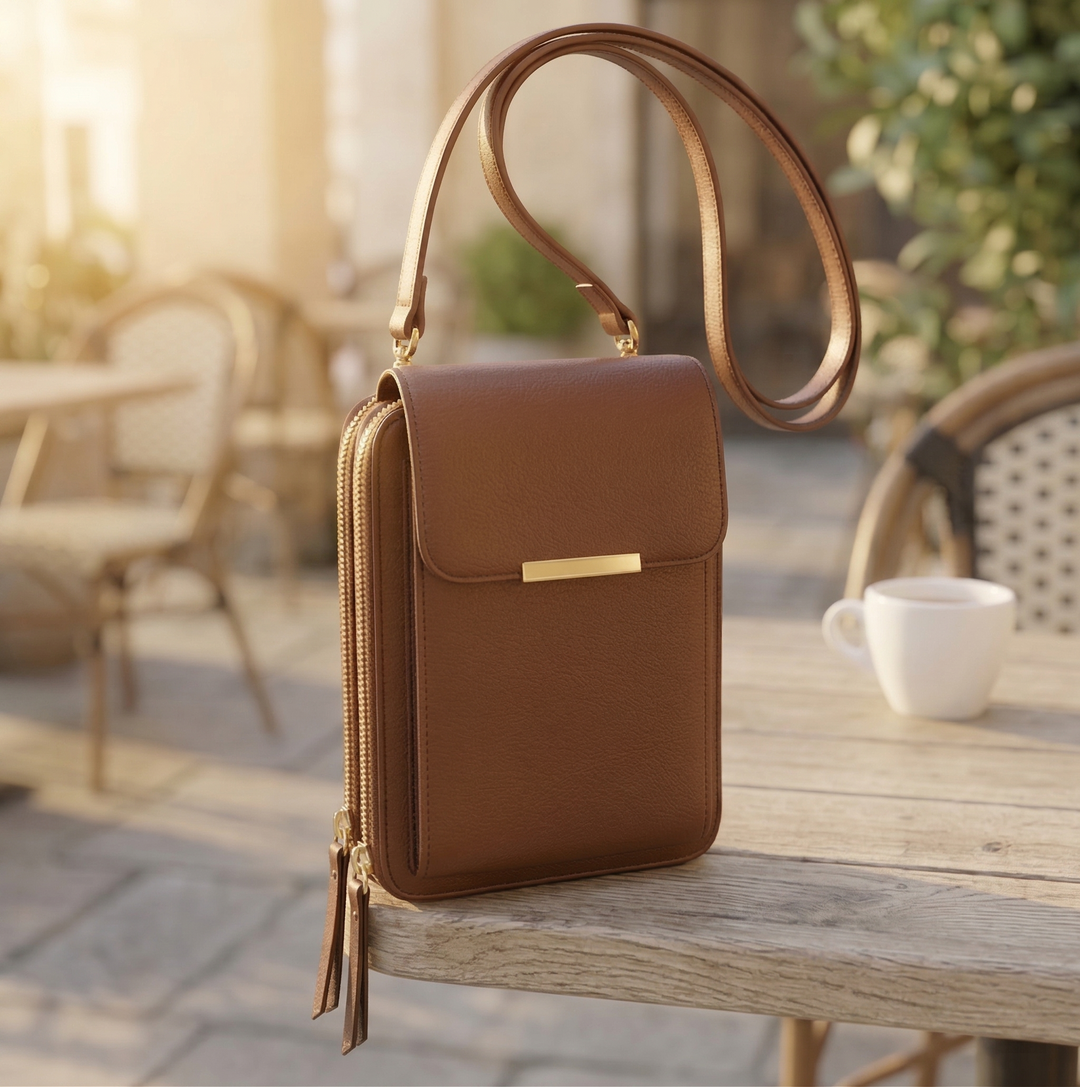 Bruine uitvoering van de tas op een houten tafel op een zonnig terras, met gouden rits en sluitingsbalk. 4