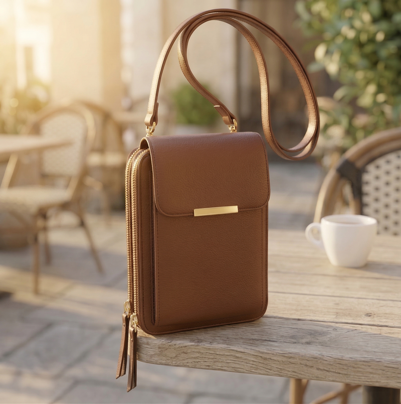 Bruine uitvoering van de tas op een houten tafel op een zonnig terras, met gouden rits en sluitingsbalk. 4