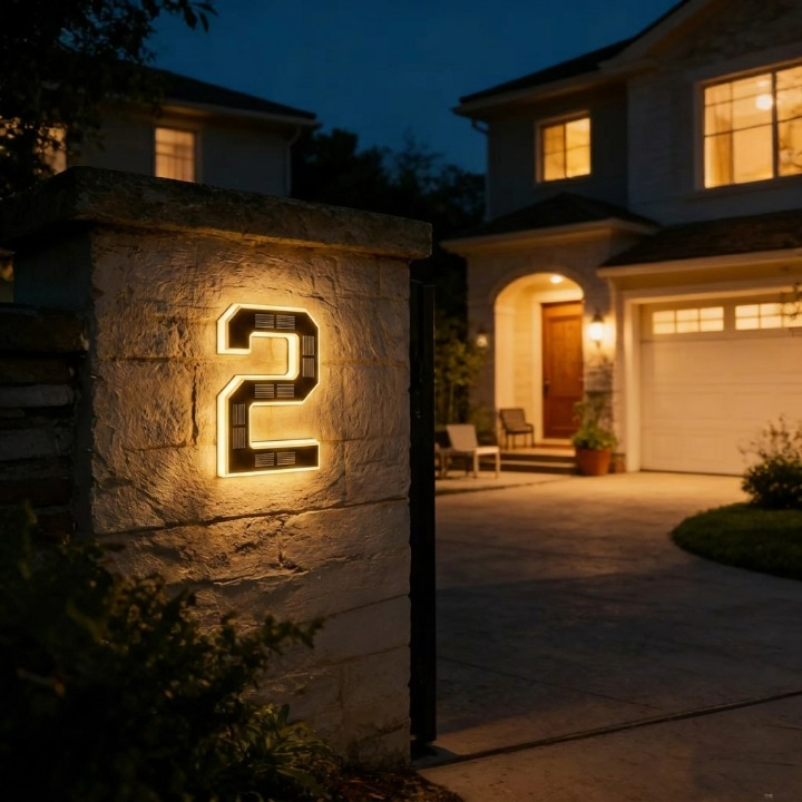 Verlicht cijfer 2 met zonnecellen op een stenen poortpilaar in de avond, met een huis en oprit op de achtergrond. 8