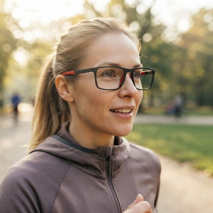 Vrouw met paardenstaart draagt de bril met zwart en rood montuur tijdens het hardlopen in een zonnig park. 2