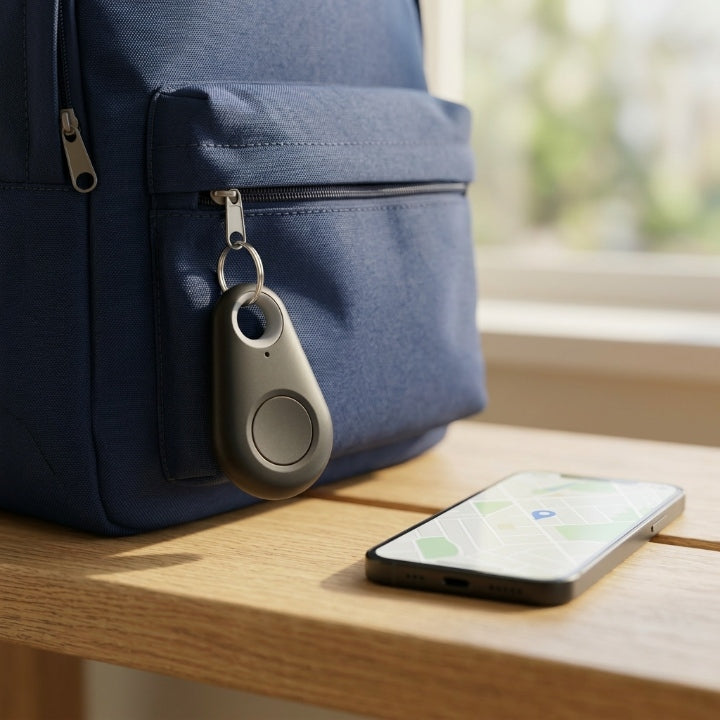 Druppelvormige tracker aan de rits van een blauwe rugzak, naast een telefoon met kaart op houten tafel 1