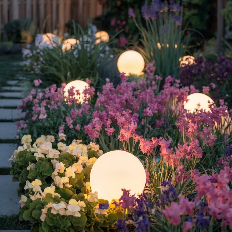Warm gloeiende bollen verspreid tussen roze, paarse en crèmekleurige bloemen langs een tegelpad in de avondschemering. 7