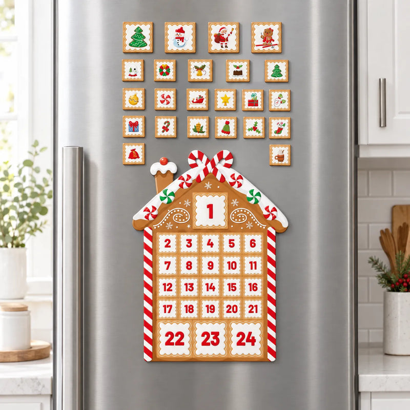 Peperkoekhuisje met genummerde vakjes op een rvs koelkastdeur in een keuken, met losse kerstmagneetjes erboven die nog opgeplakt moeten worden. 1