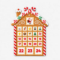 Voorkant van het peperkoekhuisje op een lichte achtergrond, met rood-witte zuurstokken, pepermuntjes op het dak en de kerstman boven de vakjes. 2