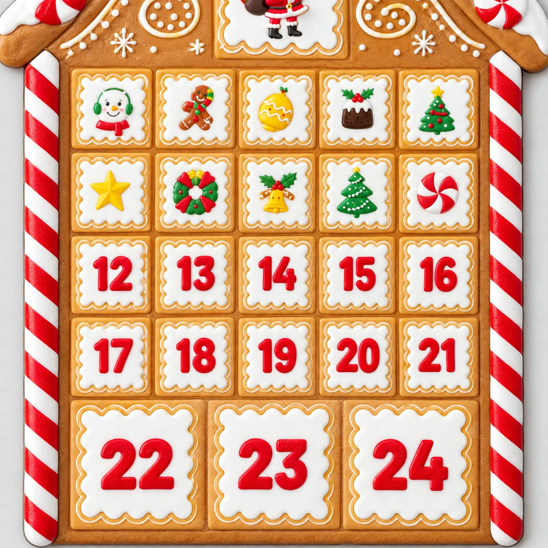 Close-up van de onderste vakjes van het huisje, met kerstplaatjes bovenaan en de rode cijfers 12 tot en met 24 op wit glazuur. 3