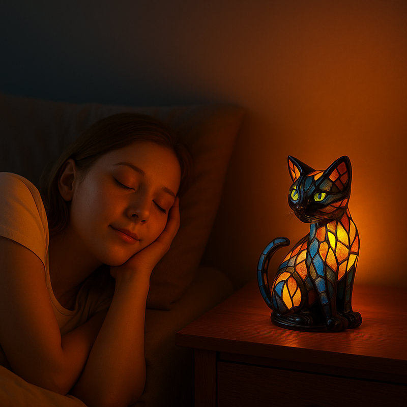 De kattenlamp verlicht op een nachtkastje naast een slapende vrouw in een schemerige slaapkamer 2