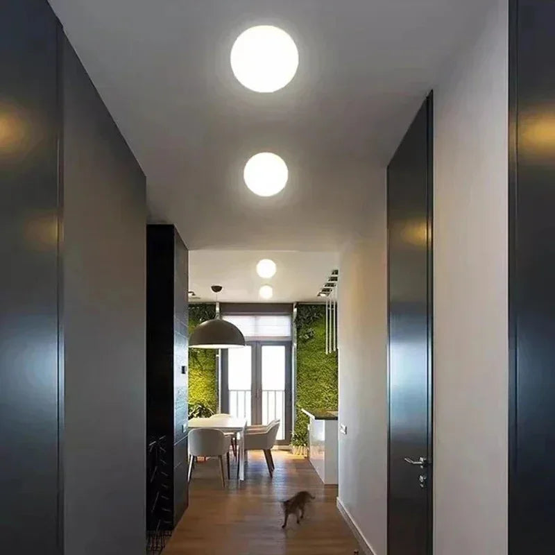Twee lichtgevende glazen bollampen aan het plafond van een donkere gang met eettafel en kat 1