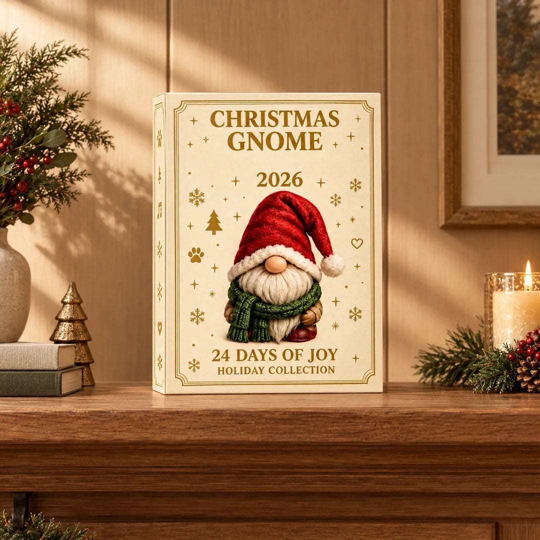 Crèmekleurige adventsdoos met goudkleurige details en een kabouter met rode muts en groene sjaal, op een houten schouw tussen kerstdecoratie en een brandende ka 1