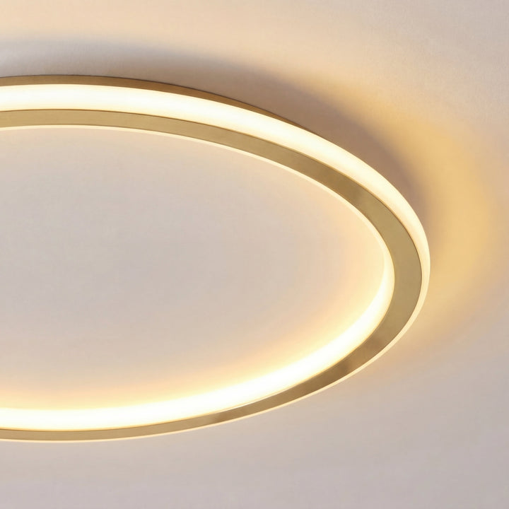 Close-up van de gouden rand en het gloeiende lichtvlak van de ronde plafondlamp 2
