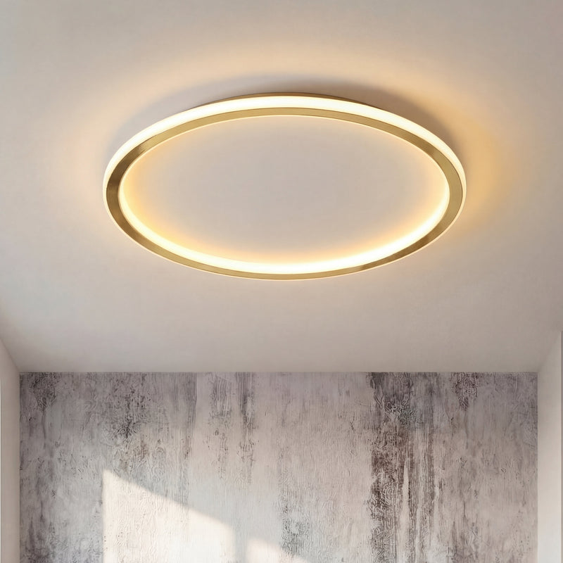 Verlichte ronde plafondlamp met gouden rand boven een grijze, gestructureerde muur 7