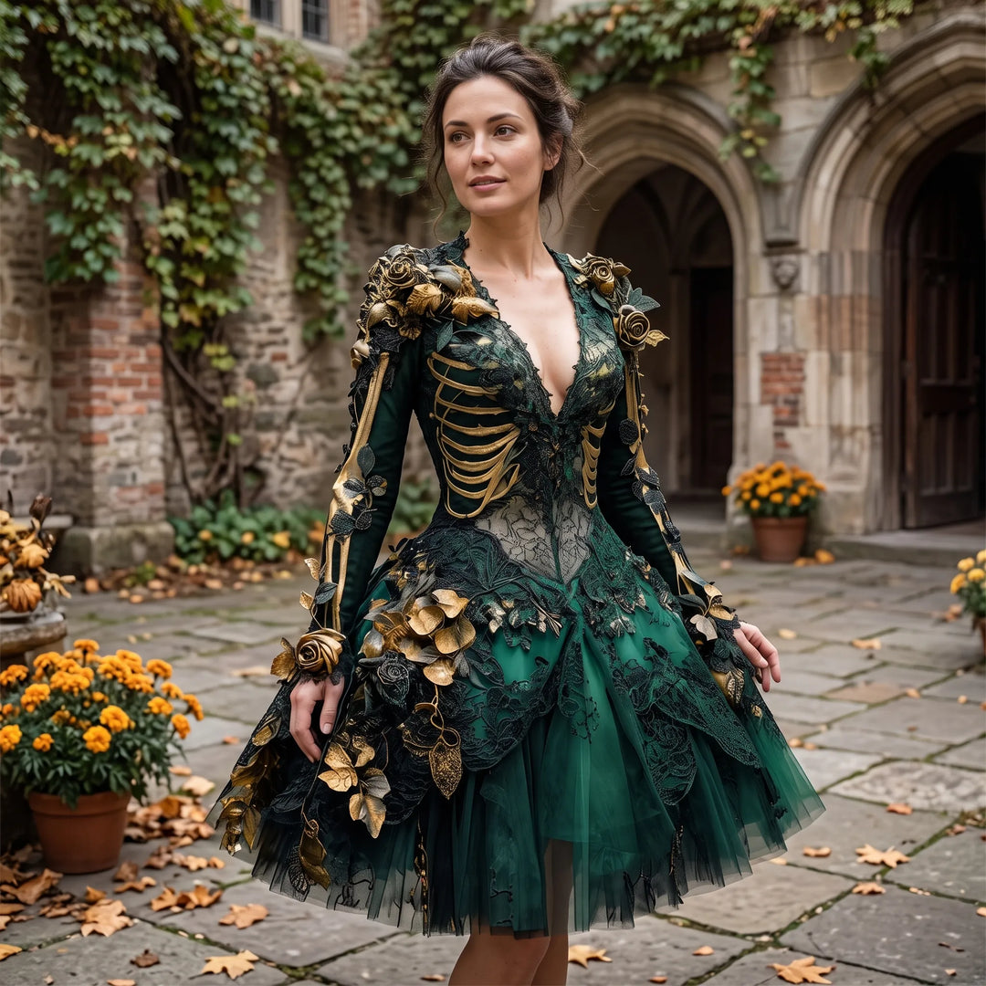 Gothic Skeletjurk Met Gouden Bloemen En Gelaagde Rok – Flor de Noche