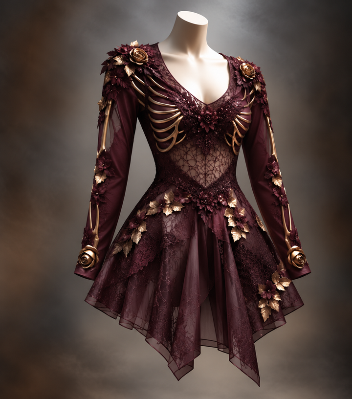 Bordeauxrode versie van de jurk met gouden botdetails, rozen en bladeren op de schouders, mouwen en rok, op een paspop. 2