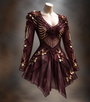 Bordeauxrode versie van de jurk met gouden botdetails, rozen en bladeren op de schouders, mouwen en rok, op een paspop. 2