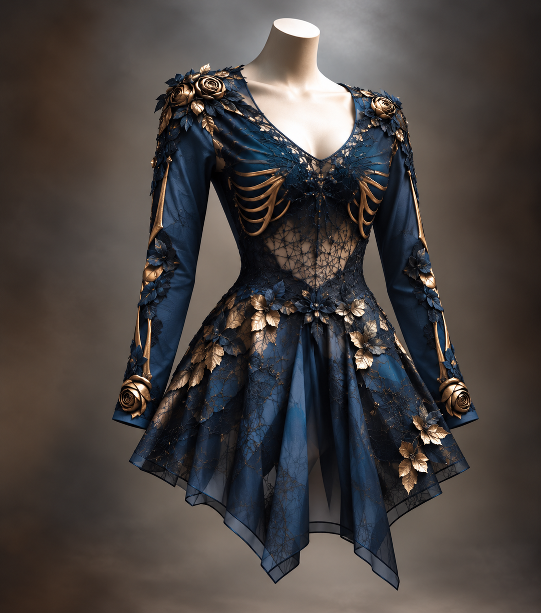 Donkerblauwe versie met kanten bovenstuk, gouden ribbenmotief, gouden rozen en bladeren, op een paspop. 4