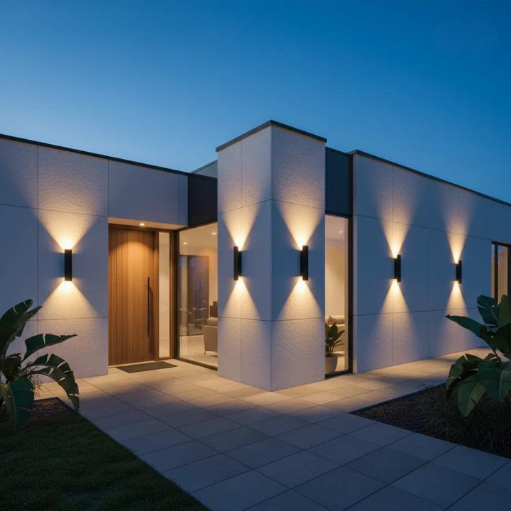 Rij zwarte wandlampen op een moderne witte bungalow in de avondschemering, langs de houten voordeur en tegelpad 11