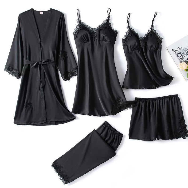 Satin-Schlafset Damen 5-teilig mit Spitze – Amara
