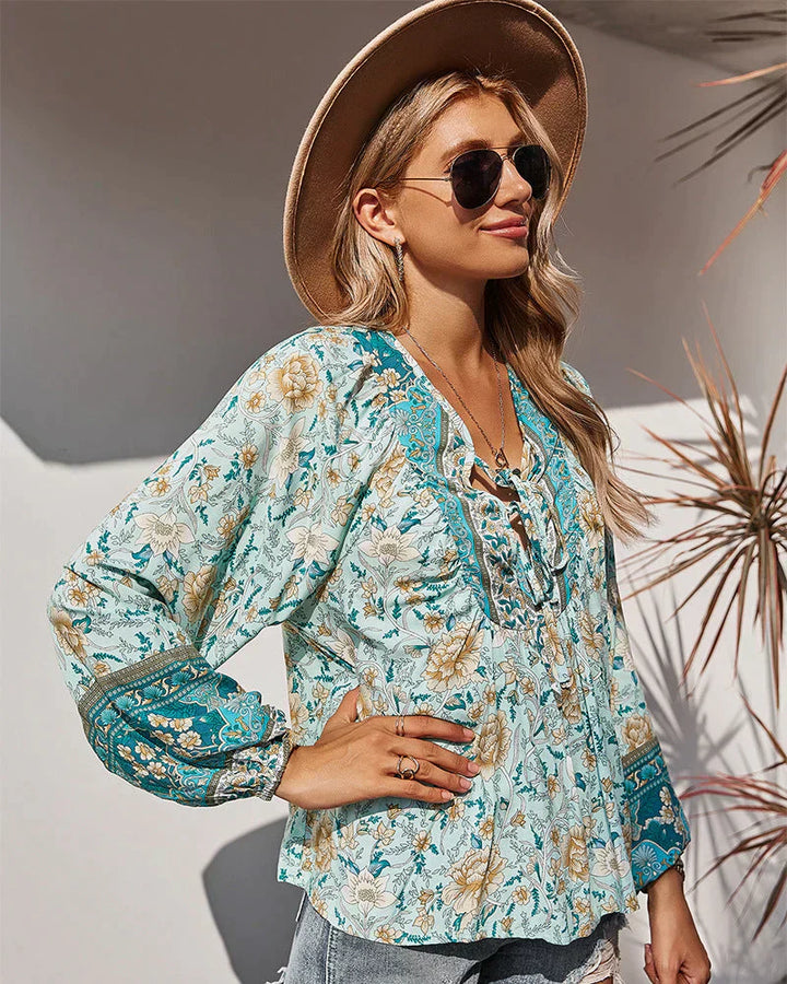 Vintage Boho Sommerbluse mit Blumenmuster und langen Ärmeln – Sana