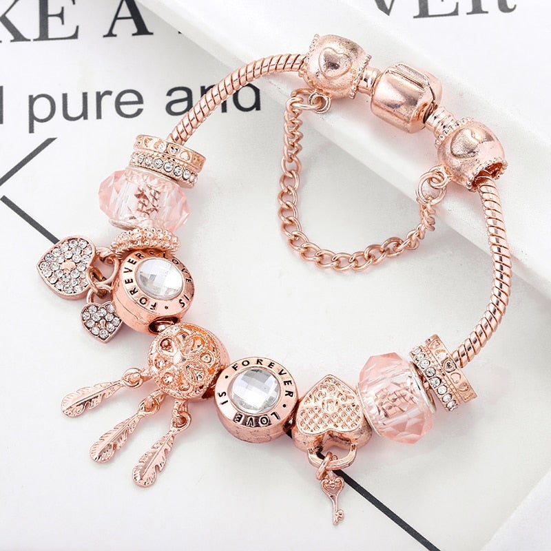 Rose Dreamcatcher Armband mit Charms aus Sterlingsilber - Rosa