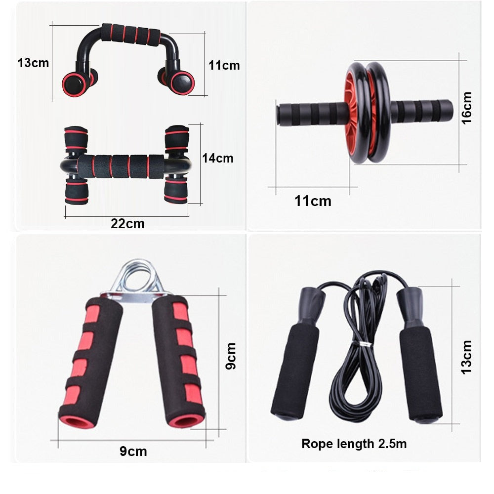 4-piece Home Workout Set | Jump Rope, Ab Wheel, Push-up Bars & Hand Trainer