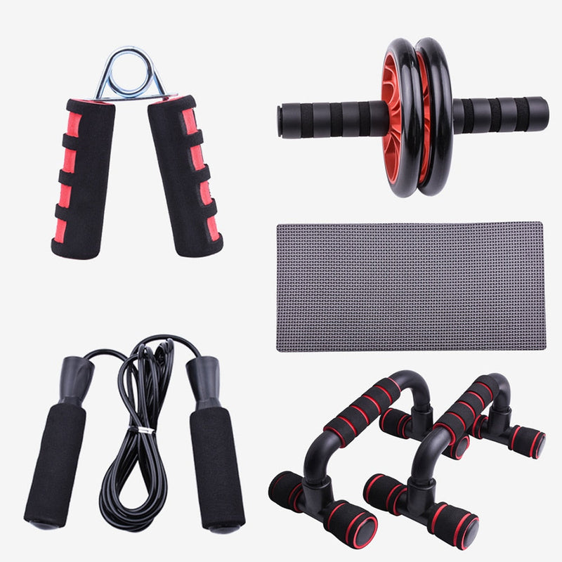 4-piece Home Workout Set | Jump Rope, Ab Wheel, Push-up Bars & Hand Trainer