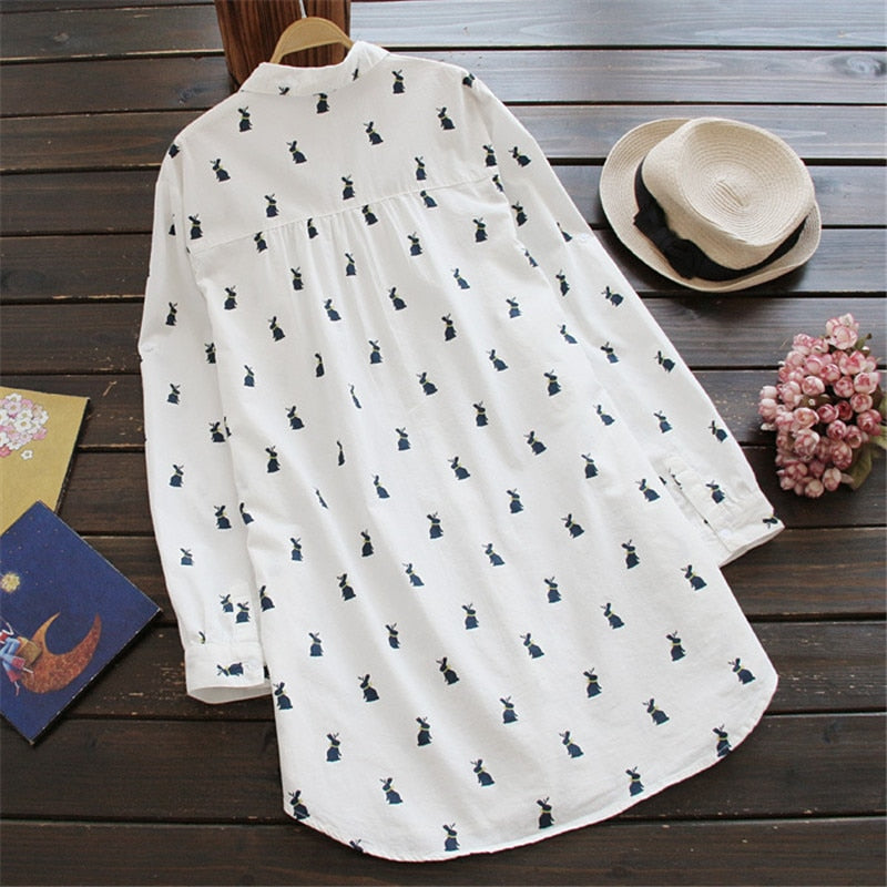 Playful shirt dress with rabbit print and lapel collar - Elina