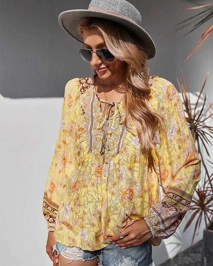 Vintage Boho Sommerbluse mit Blumenmuster und langen Ärmeln – Sana